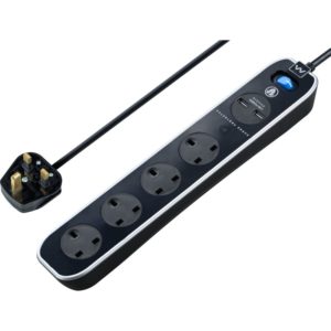 Masterplug Surge Extension Lead 2M 13A 4 Gang + USB Power Gloss Black